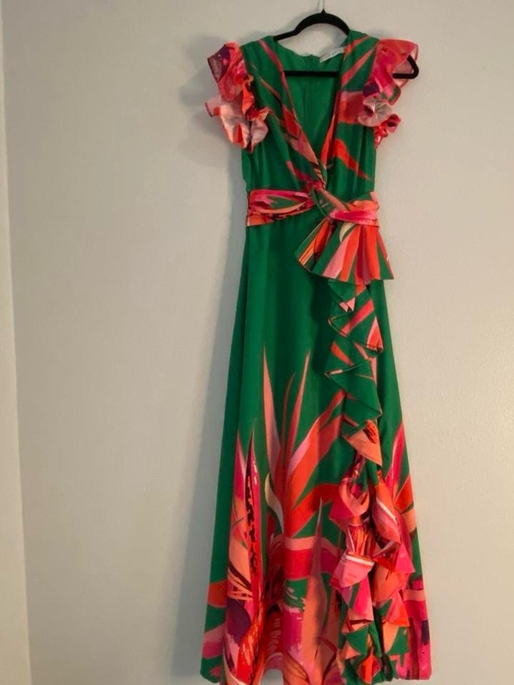 Green Floral Tie-Waist Ruffle Maxi Dress - Picture 1 of 8